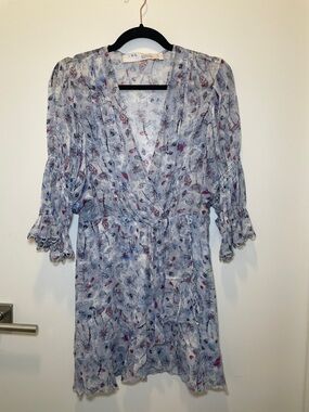 IRO Pale Blue Floral Wrap Dress with Red Accents